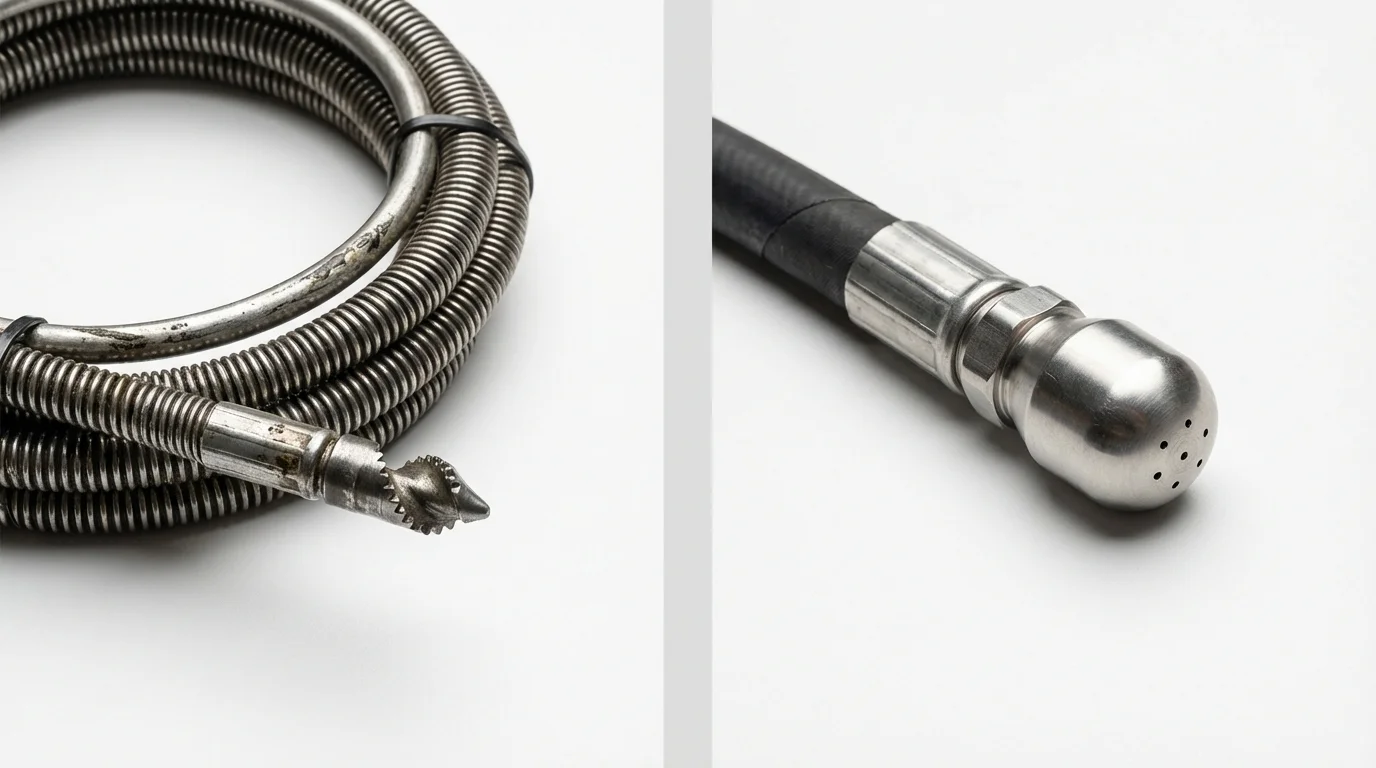 Drain snake cable and hydro jetting nozzle used for drain cleaning in Paradise, CA