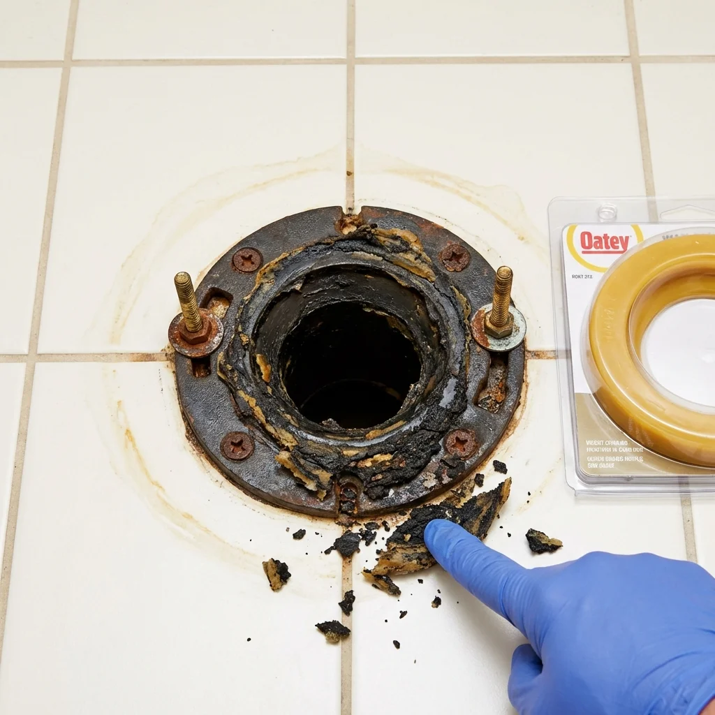 Failed wax ring showing water seepage at the base of a toilet in a Paradise, CA home