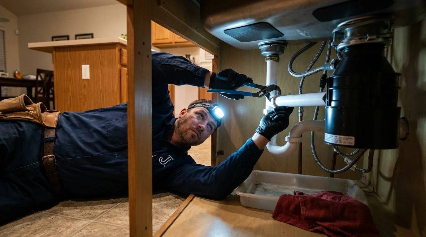 P-trap and supply line connections under a kitchen sink showing a common leak point in Paradise, CA